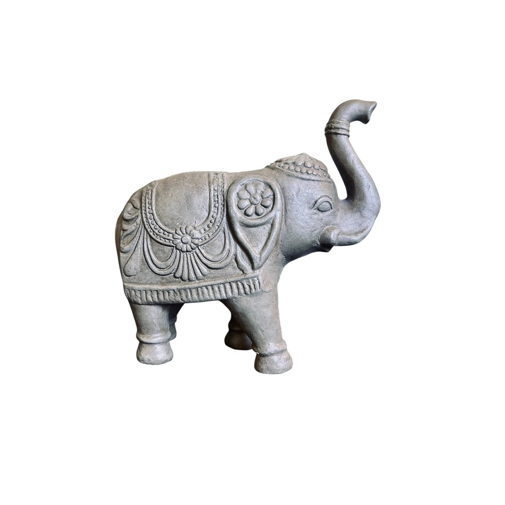 Vintage Gray Elephant Statue Trunk Up Good Luck Bohemian Decor 10""